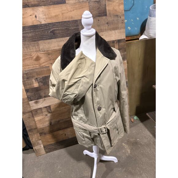 Beige- Canvas Coat with Brown Collar & Belt- Size Approx M/L Women - Picture 7 of 8